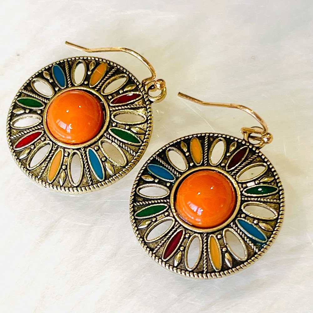 BOHO EARRINGS Mountain Sunshine Fun Bright coral gold warm ROUND sunburst floral - Picture 4 of 5